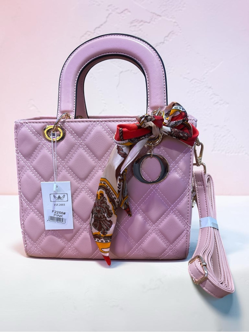 Wendy Keen Chic Quilted Pink Satchel with Scarf Accent